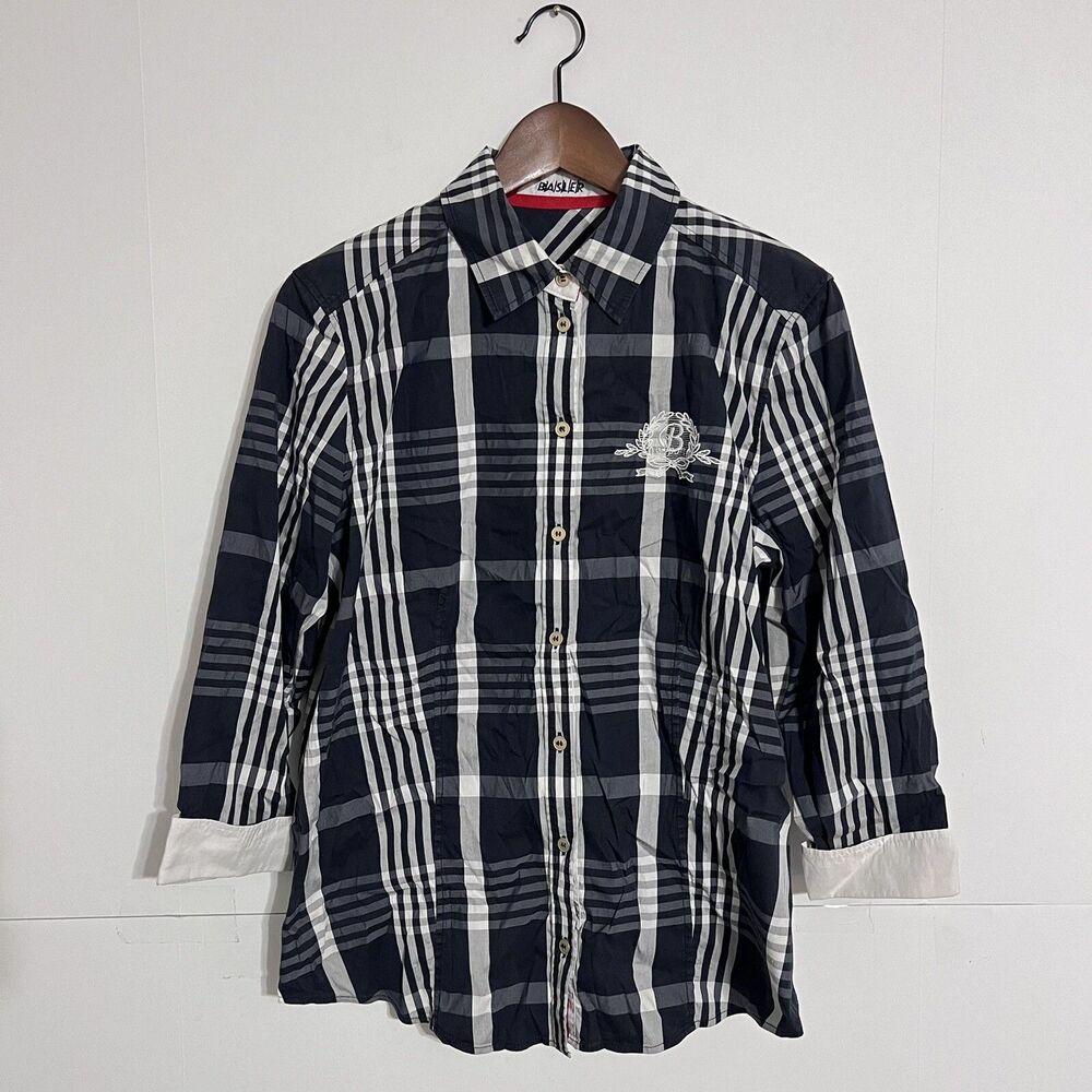 Basler Womens Long Sleeve Embroidered Shirt Size 42 M Check 3/4 Sleeve